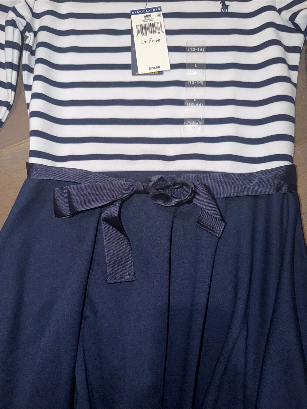 Girls Ralph Lauren Navy and White Striped Dress with Waist Bow